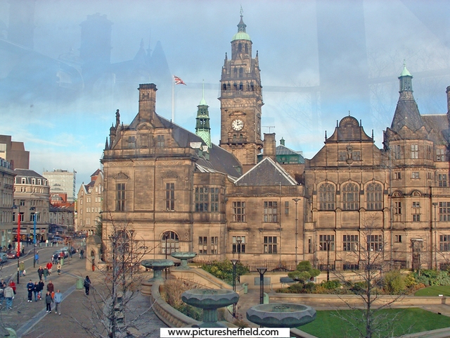 Elevated view of Pinstone Street, Town Hall and Peace Gardens