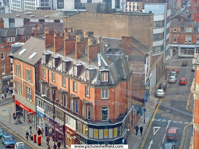 Elevated view of Pinstone Street and Cross Burgess Street from the Big Wheel in the Peace Gardens