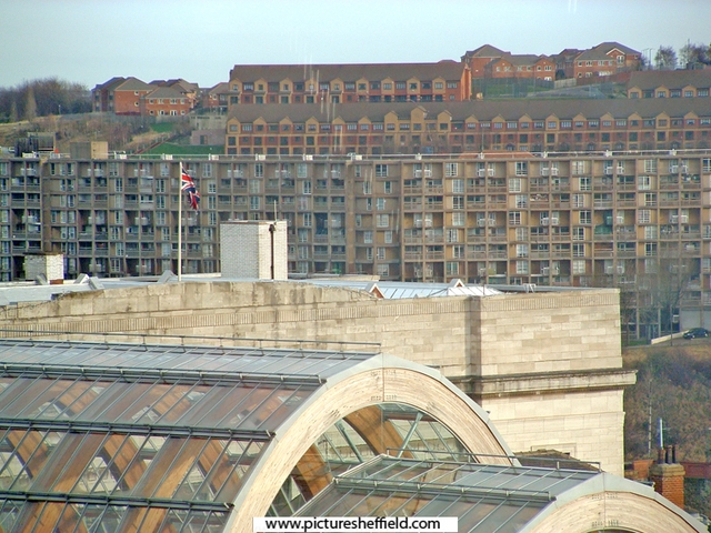 Elevated view of Winter Garden Central Library Park Hill Flats and Skye Edge from Big Wheel in the Peace Gardens