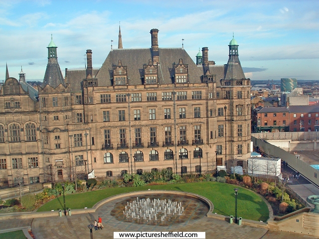 Elevated view of Town Hall and Peace Gardens from Big Wheel Pinstone Street