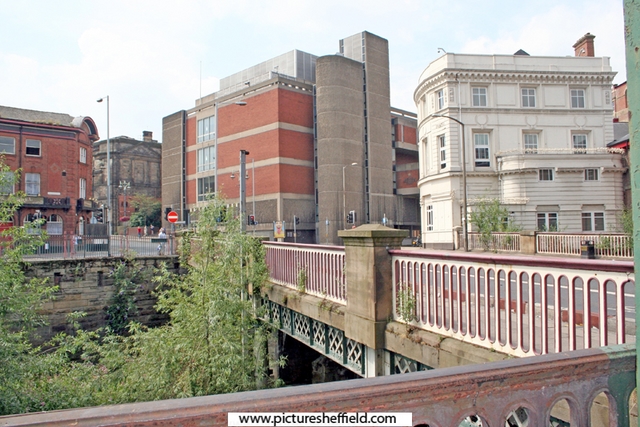 Lady's Bridge looking towards Castlegate and Bridge Street junction. Former Lady's Bridge Hotel and Magistrates Court in background. Tap and Barrel public house, left