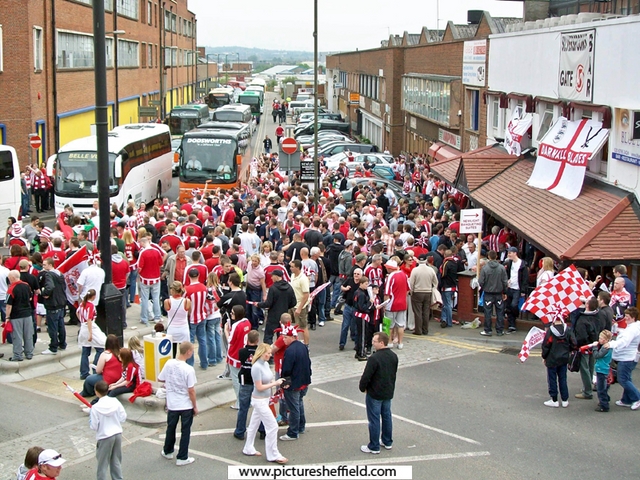 Sheffield United fans gathering at a pub just outside Wembley Stadium before the Championship play-off final against Burnley