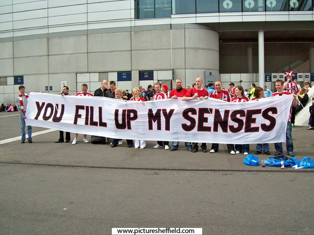 Sheffield United fans holding a banner before the Championship play-off final against Burnley