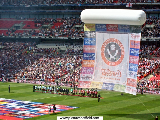 The teams line up before the Championship play-off final between Sheffield United and Burnley at Wembley Stadium