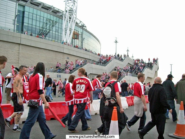Sheffield United fans leaving Wembley Stadium after losing 1-0 to Burnley at the Championship play-off final 