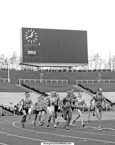 Competitors in one of the 3000m races, Festival of Athletics, Don Valley Stadium