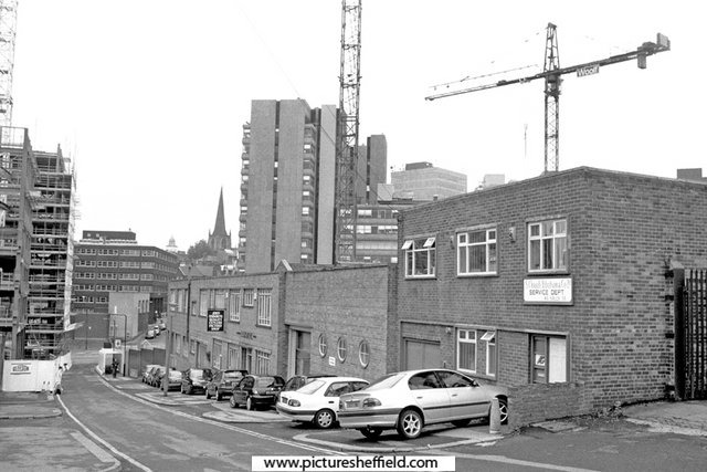 John Osbourne Silversmiths, cutlery manufacturers, Solly Street looking towards Tenter Street with the Metis Building under construction (left)