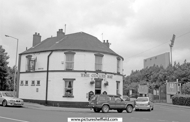 The Cocked Hat public house, Nos. 73 - 75 Worksop Road and the junction with Leeds Road with Don Valley Stadium in the background