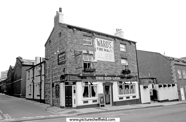 Red Lion public house, No.109 Charles Street at junction with (left) Eyre Lane. 