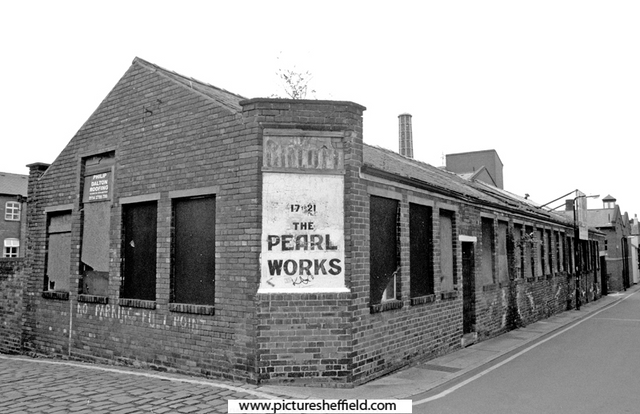 Former premises of Wm. Gillott and Son, pearl cutters, Pearl Works, Nos. 17 - 21 Eyre Lane at junction of Howard Lane