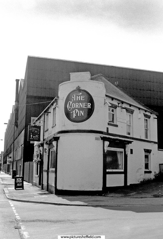 The Corner Pin public house, No. 235 Carlisle Street East at the junction with Lyons Street, with the former premises of Firth Brown Tools Ltd behind