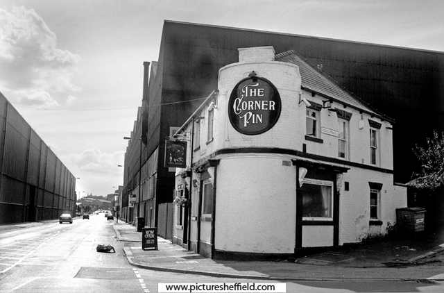 The Corner Pin public house, No. 235 Carlisle Street East at the junction with Lyons Street, looking towards the former premises of Firth Browns Co. Ltd., Atlas Works (left) and Firth Brown Tools Ltd (right)