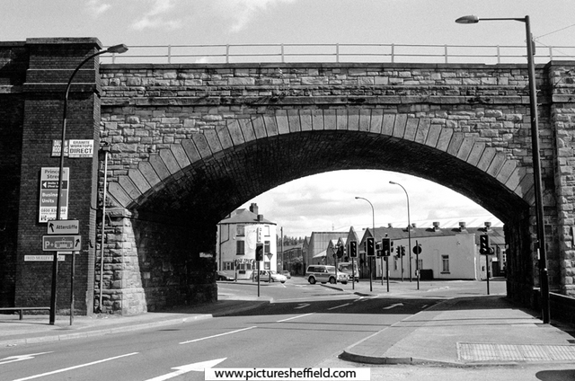 Sutherland Street Bridge (part of  Railway Viaduct) looking towards Attercliffe Road with Club 160 (formerly Norfolk Arms public house) on the right under the bridge