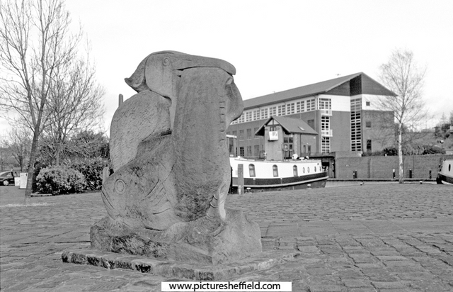 Heron and Fish Sculpture by Vega Bermejo Victoria Quays / Canal Basin, Sheffield and South Yorkshire Navigation with Basin Masters Office and Navigation House in the background