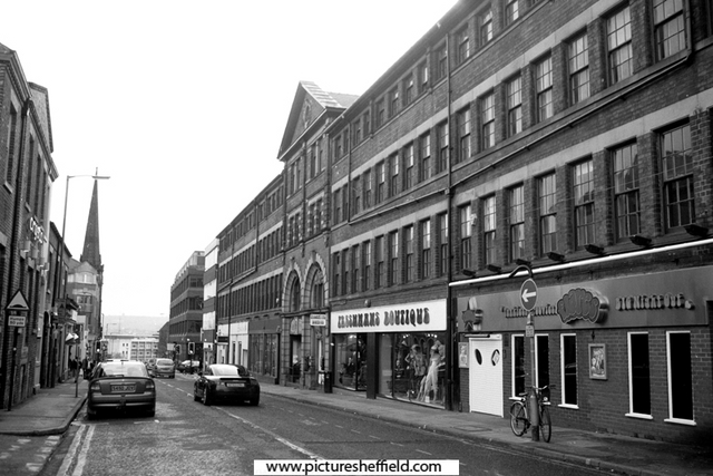 No. 4 Flares Nightclub, Carver Street formerly the premises of Harrison Brothers and Howson, cutlery manufacturers and (centre) Nos. 6-8 Freshman's Boutique, vintage clothes