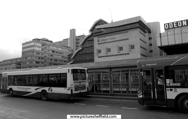 Pond Street Transport Interchange with Surrey Building (left); Adsetts Centre, Sheffield Hallam University and Odeon Cinema in the background