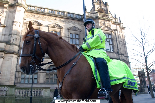 Mounted police outside the Town Hall, Pinstone Street