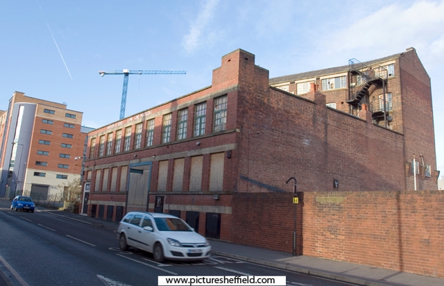 Former cutlery manufacturers premises, Matilda Street with the Electric Works, Hallam University student accommodation in the background