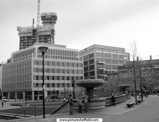 View from Pinstone Street of the Peace Gardens; One St. Pauls Place and City Lofts Apartments in the background