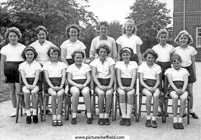 Hatfield House Lane J. and I. School, 1963 Rounders team, Brightside Cup runners-up, team comprised of J3 and J4 girls, taken at the front of school