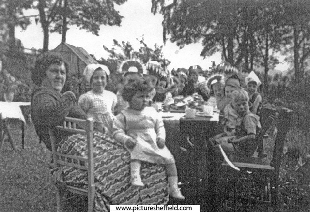 Queen Elizabeth II Coronation street party, No. 52 Crowland Road, Mrs. Senior at the head of the table