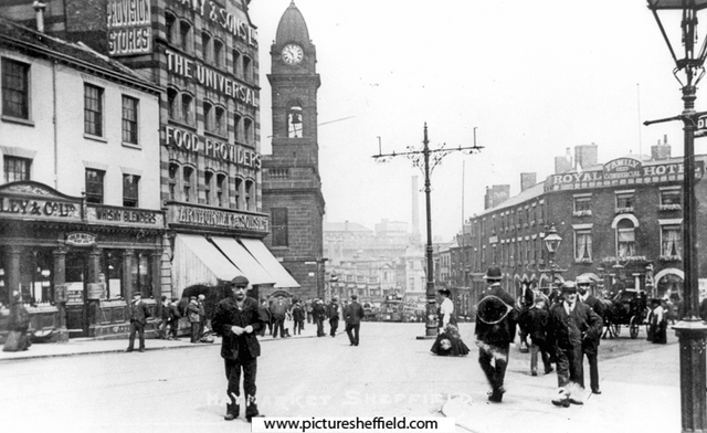 Haymarket looking down Waingate. Royal Hotel, right, Nos. 23 and 25 Wiley and Co. Ltd, wine and spirit merchants, Old No. 12 Arthur Davy and Sons Ltd., provision merchants, Court House (Old Town Hall), left