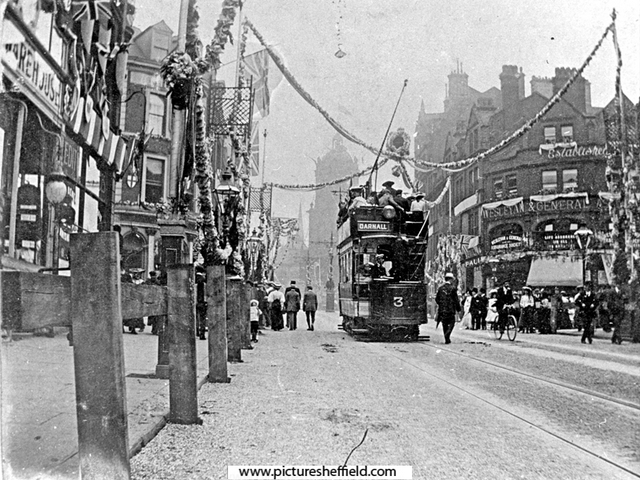 Tram No. 3, Electric double-decker, Pinstone Street (decorated for royal visit of King Edward VII)