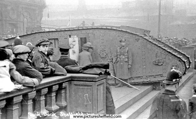 Fitzalan Square, World War I. Selling bonds for National War Savings Committee from Mark IV male tank Nelson, training number 130