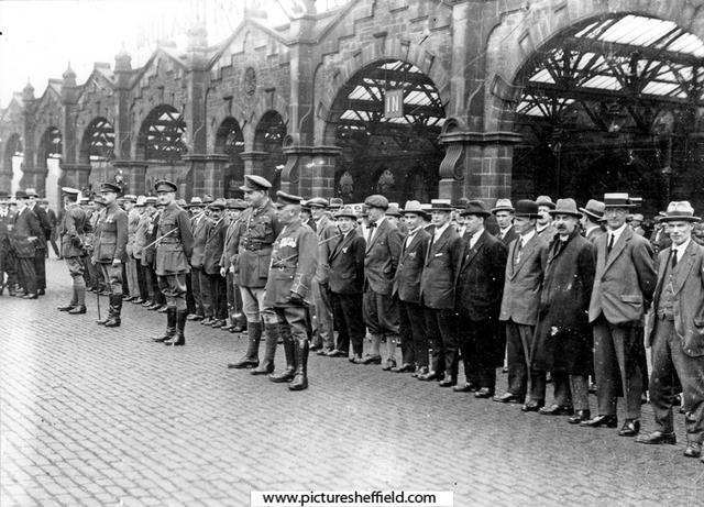 Veteran members of Sheffield City Battalion at the Sheffield Midland railway station