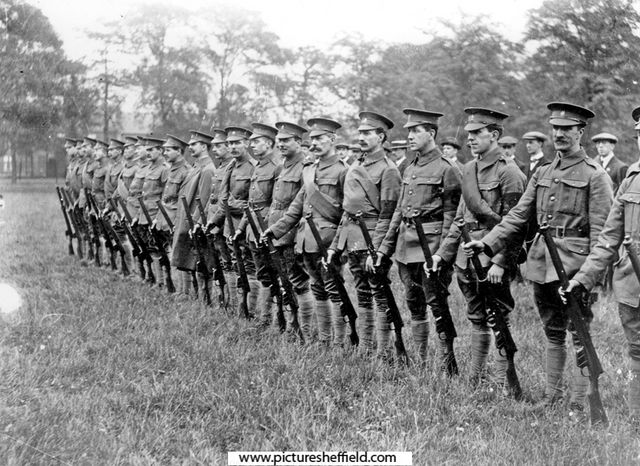 Sheffield Volunteer Defence Corps. Parade of the men in their new uniforms at Hillborough Park