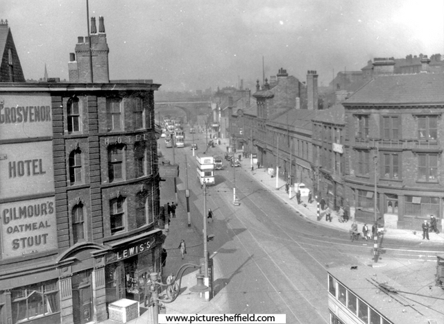 Wicker from junction with Nursery Street looking towards the Wicker Arches, No 14, Corner Pin Hotel (right), Grosvenor Temperance Hotel (left, also known as The Lion Hotel)
