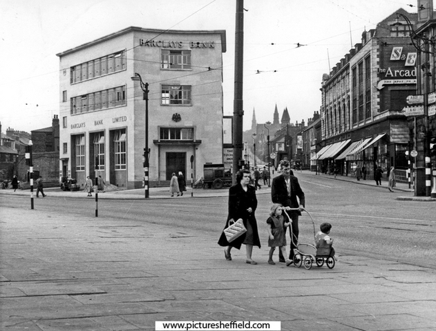 Junction of London Road and Cemetery Road from The Moor. Nos 2-4, London Road, showing the new Barclay's Bank, Sheffield and Ecclesall Co-operative Society, The Arcade in background