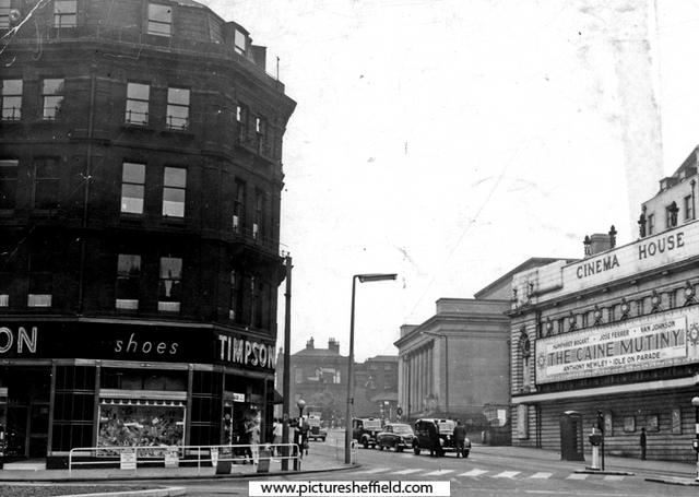 Barkers Pool from Town Hall Square, William Timpson Ltd., shoe shop on left, Cinema House on right (Fargate extended to Pool Square until the 1960s when it became part of Barkers Pool),