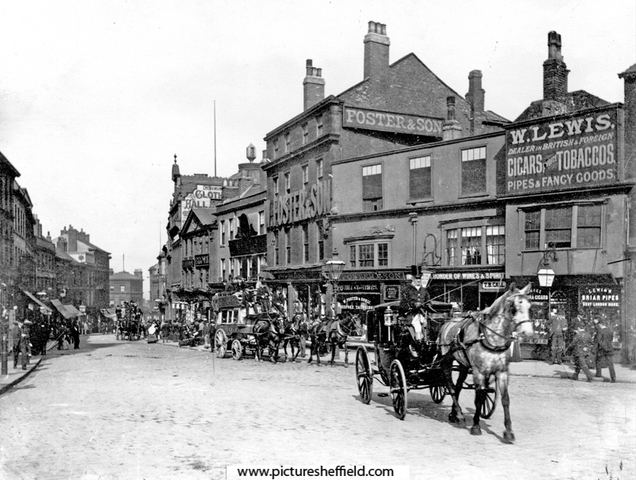 High Street from 'Coles Corner', before road widening, including No. 6 William Lewis, tobacconist, No. 8 White Bear public house, Nos. 10 - 14 William Foster and Son Ltd., tailors