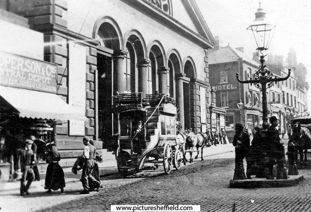 Norfolk Market Hall, Haymarket, before 1896, showing the old west front which was rebuilt 1904-5. Tontine Commercial Hotel on corner in background