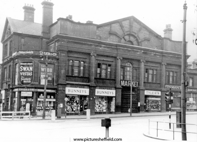 Norfolk Market Hall, Haymarket. Premises include (right-left), No. 28 G.E. Inman, pastry cook, No. 30 H.P. Tyler, boot makers, Nos. 34 - 36 Bunneys (Hosiery) Ltd., drapers, No. 38 Tyler and Co., tobacconists
