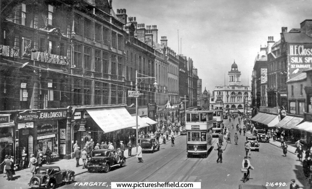 Fargate looking towards High Street and Kemsley House, Fargate including Nos. 42 - 46 Winchester House and Nos. 38 - 40 Arthur Davy and Sons, provision dealers, Davy's Building, left