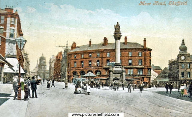 Moorhead looking towards Pinstone Street, including Crimean Monument, Nelson Hotel and Public Benefit Boot Co. Ltd., Boot Dealers, Newton Chambers Ltd., Newton House, extreme right