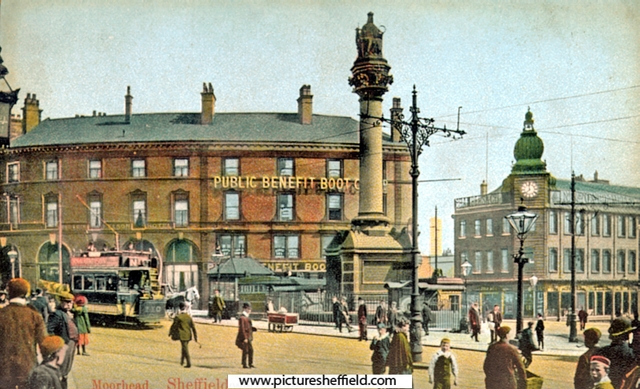 Moorhead including Nelson Hotel, Public Benefit Boot Co. Ltd. and Crimean Monument, Furnival Street and Newton Chambers Ltd., (Newton House) on right