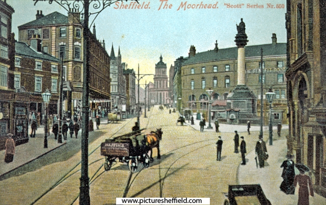 Moorhead looking towards Pinstone Street including Nelson Hotel and Crimean Monument, right, Roberts Brothers Ltd., general drapers, left