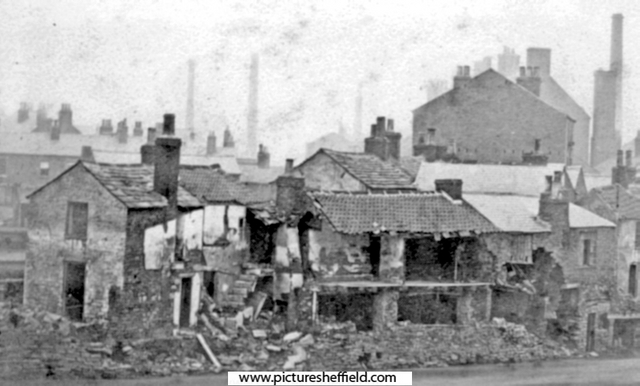 Sheffield Flood, Damage at rear of properties fronting Neepsend Lane, from Ball Street Bridge, River Don, foreground