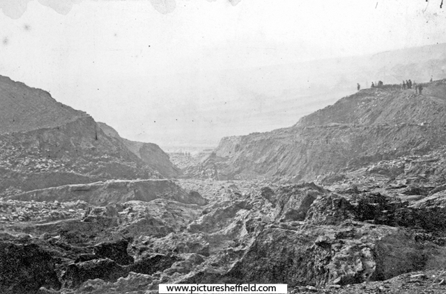 Sheffield Flood. Inside the ruptured embankment from the outside, Dale Dyke Dam