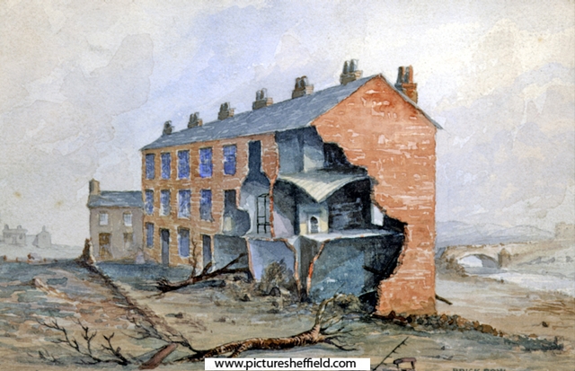 Sheffield Flood, Watercolour by Drury showing the remains of Brick Row, Holme Lane, Hillsborough, River Loxley and Hillsborough Bridge, right