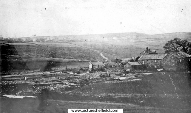 Sheffield Flood. Remains of Trickett's Farm belonging to James Trickett, at the junction of Rivers Rivelin and Loxley, household of eleven people washed away and drowned