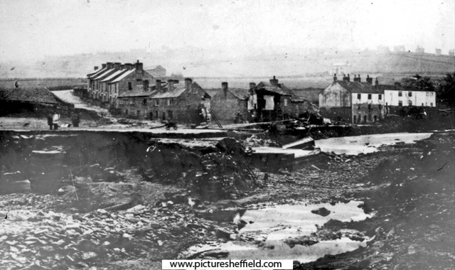 Sheffield Flood. Remains of Hill Bridge, Walkley Lane, Hillsborough, from Holme Lane, Limbrick Lane, right (where white washed houses are, note, high waterline above second floor windows)