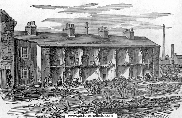 Sheffield Flood. Ruins of Waterloo Houses, next to River Don, at the end of Cornish Street, Philadelphia, Neepsend