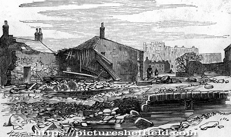 Sheffield Flood. Remains of Upper Wheel, owned by George Hawksley (often referred to as Hawksley's Wheel), River Loxley, Owlerton