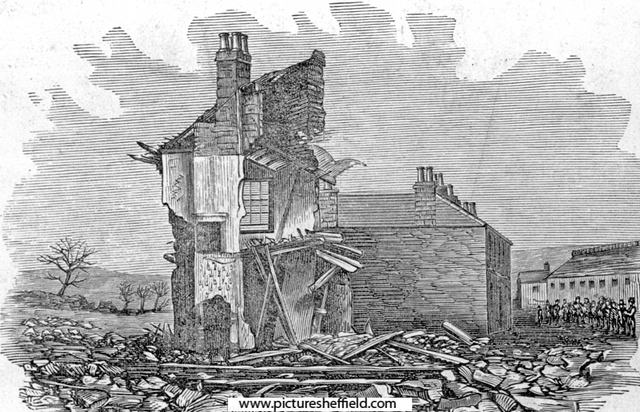 Sheffield Flood. Engraving of the Cleakum Inn also known as Malin Bridge Inn, Malin Bridge, Hillsborough