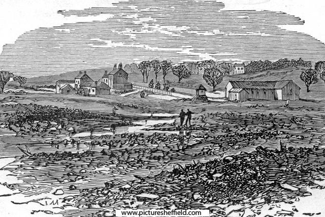 Sheffield Flood. Remains of Trickett's Farm belonging to James Trickett, at the junction of Rivers Rivelin and Loxley, household of eleven people washed away and drowned