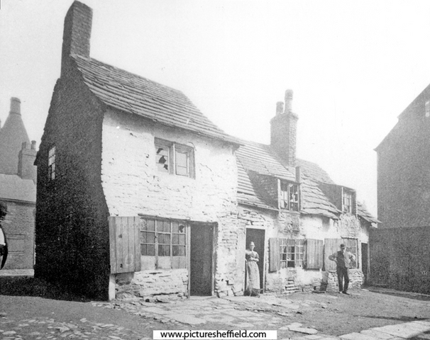 Cottages at Balm Green, site of City Hall, on the left are the furnaces of the Queen Steel Works belonging to John Lucas, iron and steel merchant on Holly Street